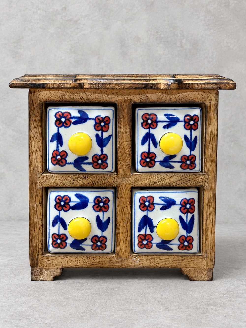 Vintage Jamaica Wood Mini Chest 4 Ceramic Floral Drawers Trinket Box